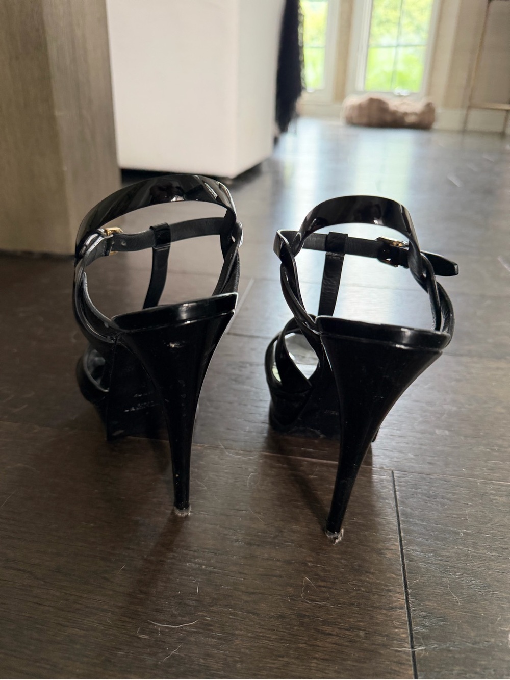 Saint Laurent Black Patent Leather Woven Strappy Heels - Picture 3 of 4